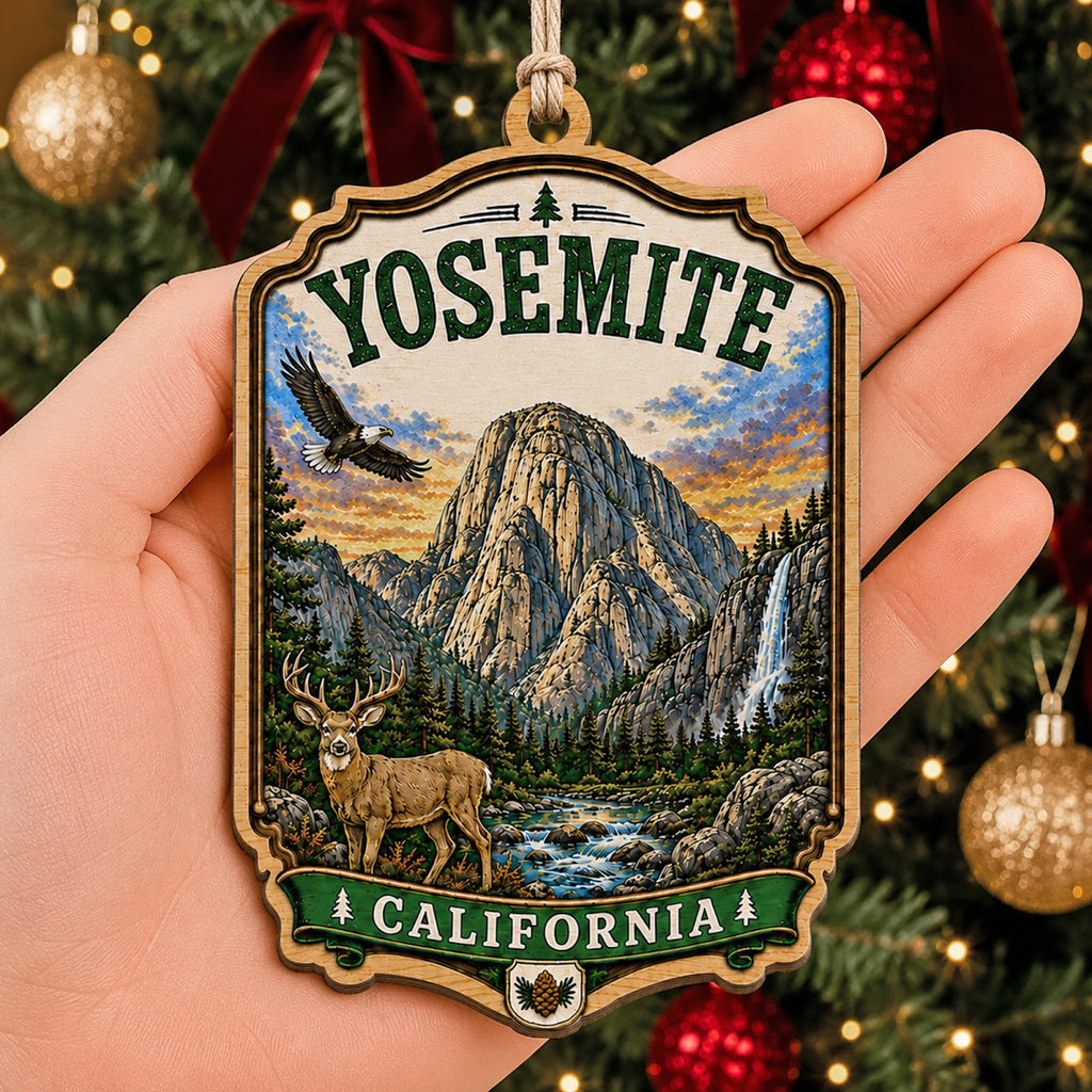 Yosemite National Park Christmas Ornament, California Waterfall Hiker Gift, Wood Ornament