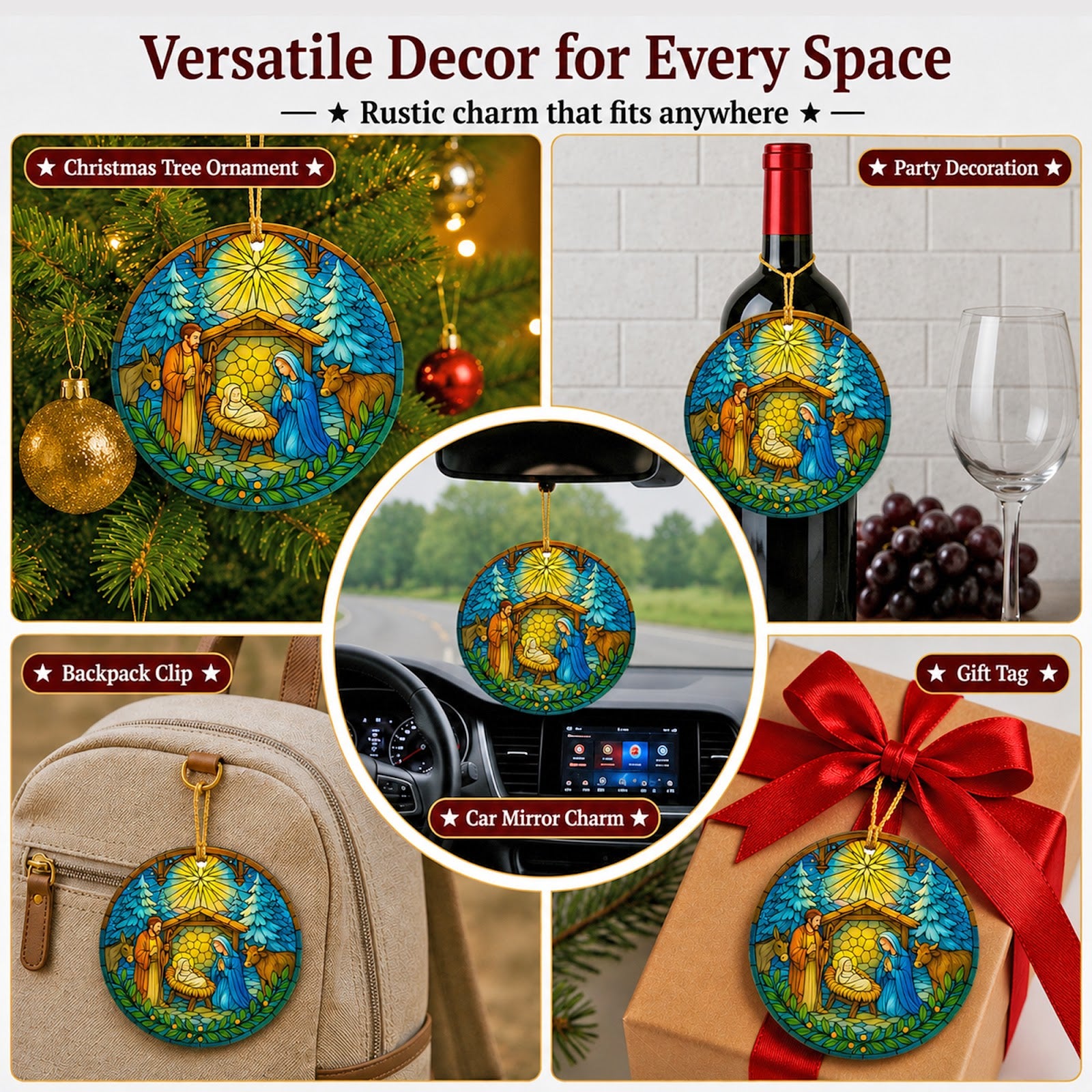 Nativity Christmas Ornament, Stained Glass Religious Gift, Ceramic Hanging Tree Decoration