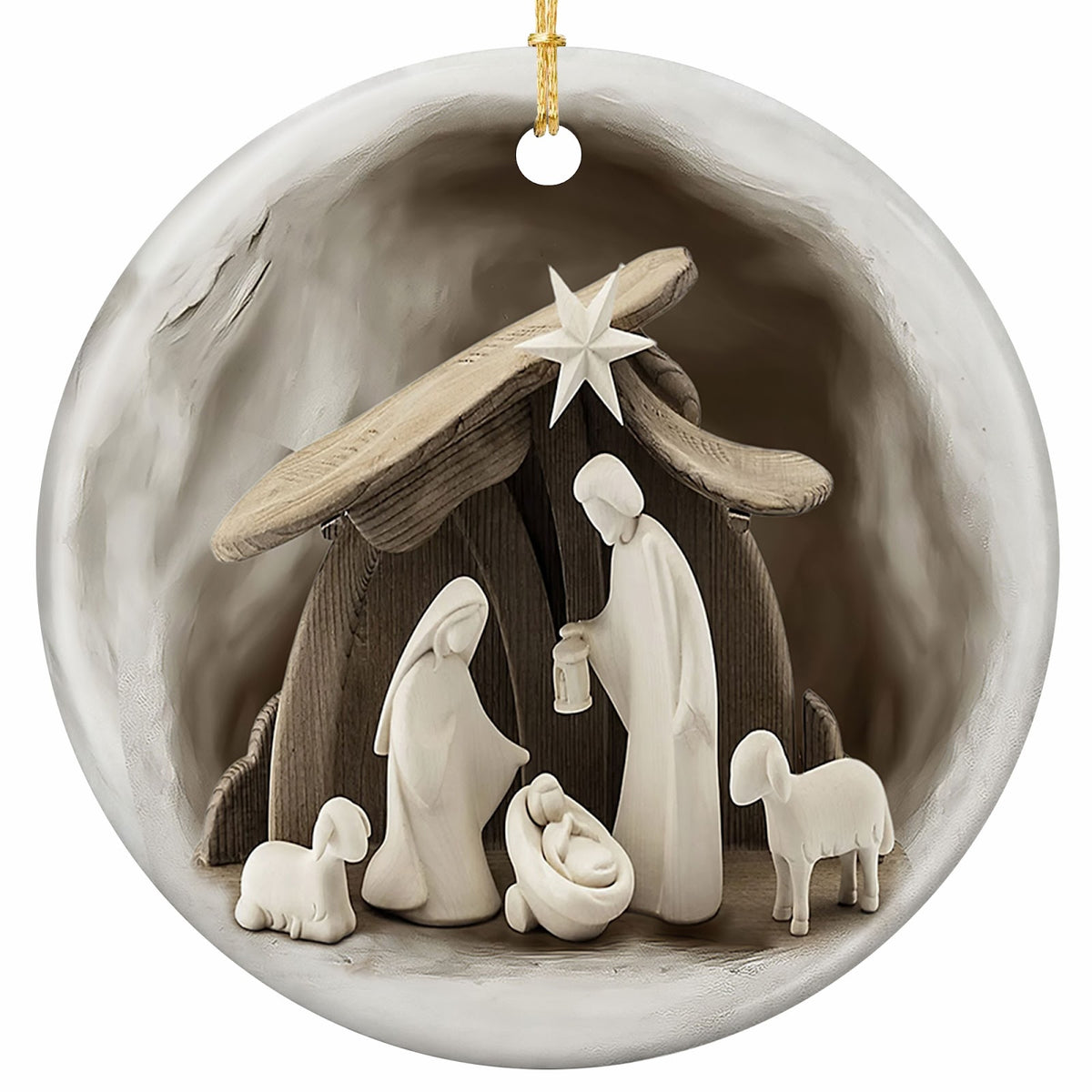 Carved Cream Figures Around the Manger Beneath a Weathered Stable and a White Star. Ceramic Keepsake.