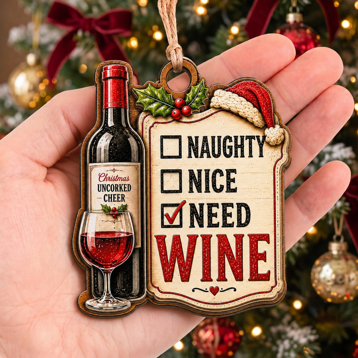 Wine Bottle Wood Christmas Ornament