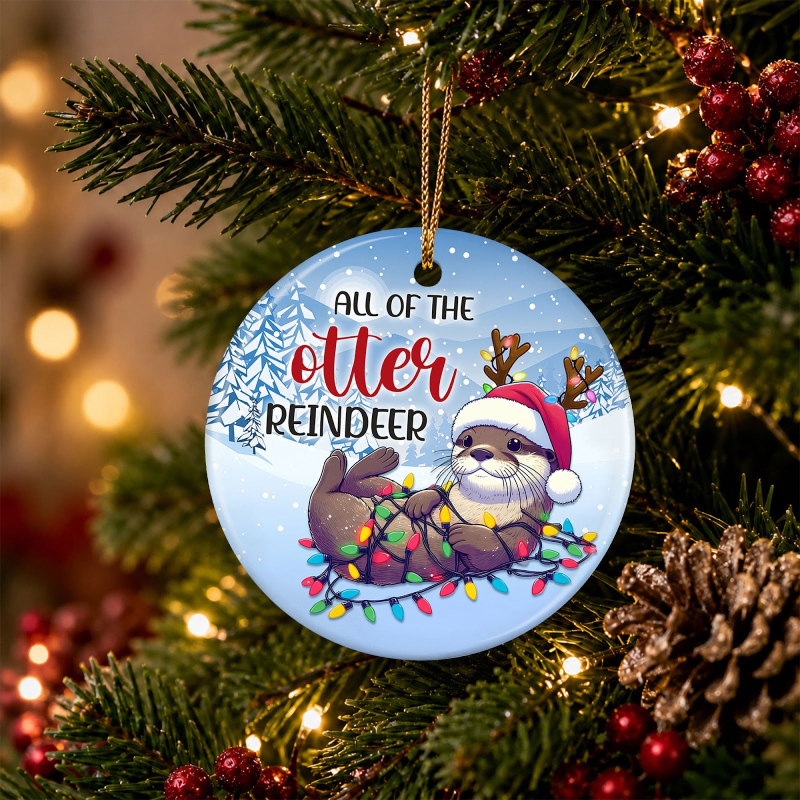 Otter Christmas Ornament, Funny Antler Pun Animal Gift, Ceramic Hanging Tree Decoration