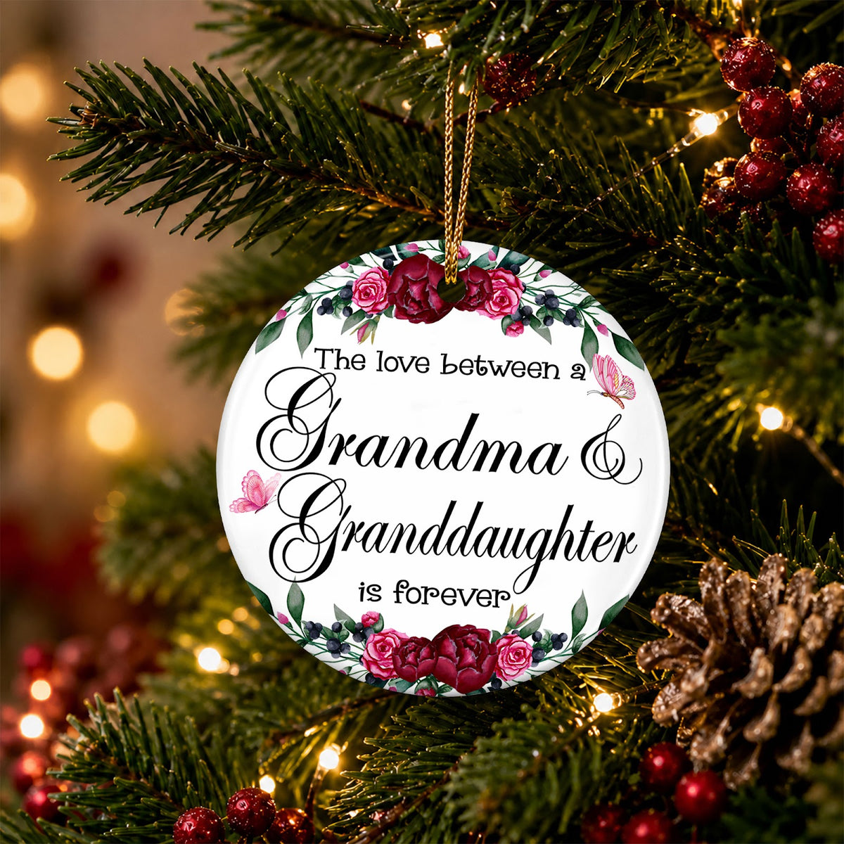 Grandma Christmas Ornament, Grandma Granddaughter Floral Gift, Ceramic Hanging Tree Decoration