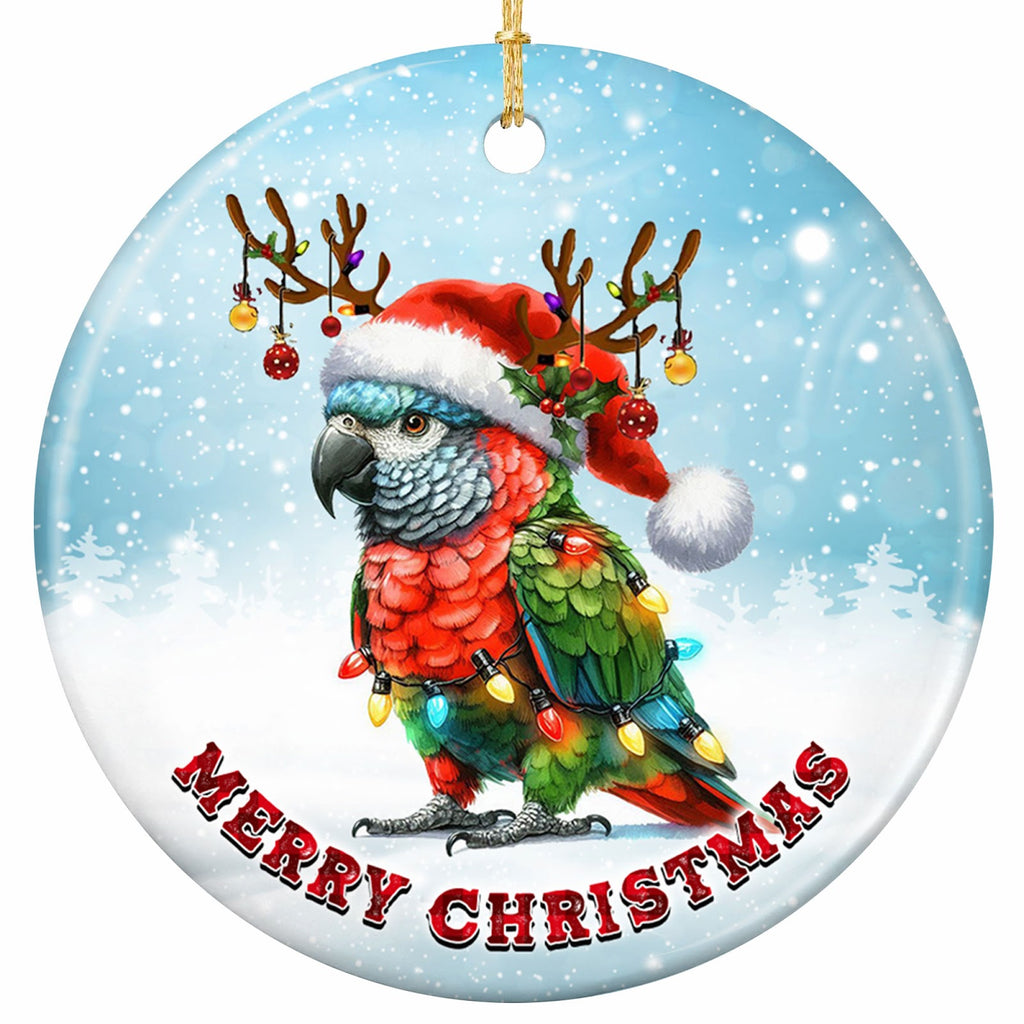 A Scarlet and Green Parrot in a Holly-Trimmed Santa Hat With Baubled Antlers. Ceramic Keepsake.