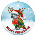A Scarlet and Green Parrot in a Holly-Trimmed Santa Hat With Baubled Antlers. Ceramic Keepsake.