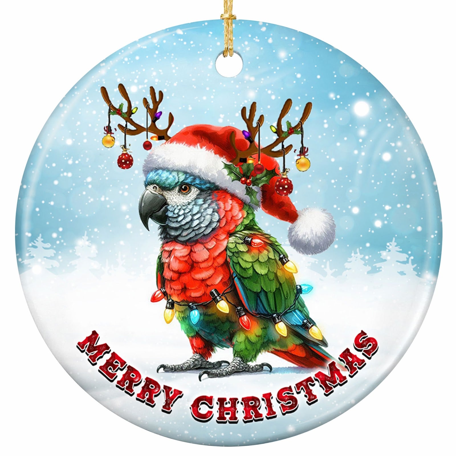 A Scarlet and Green Parrot in a Holly-Trimmed Santa Hat With Baubled Antlers. Ceramic Keepsake.