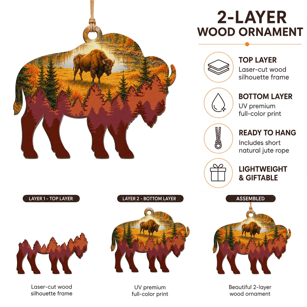 Buffalo Christmas Ornament, Stocking Stuffer For Wildlife Fan, Wood Hanging Tree Decoration