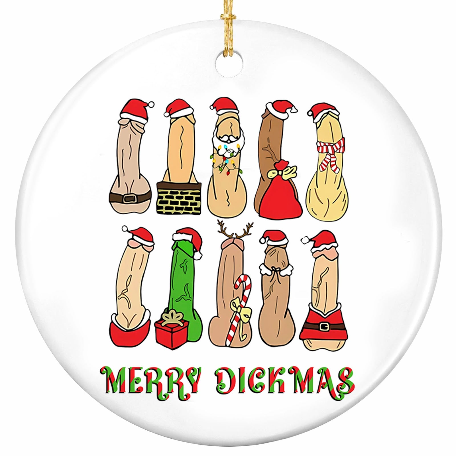 A Cheeky Lineup of Costumed Characters in Santa Hats and Antlers. Adults-Only Ceramic Gag Keepsake.