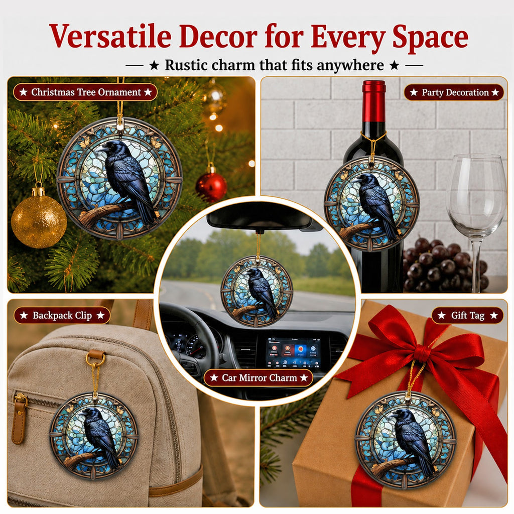 Raven Christmas Ornament, Gothic Stained Glass Crow Gift, Ceramic Hanging Tree Decoration