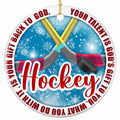 Your Talent Is God's Gift to You. Crossed Sticks and a Puck on Icy Blue, Ceramic Keepsake for Christian Players.