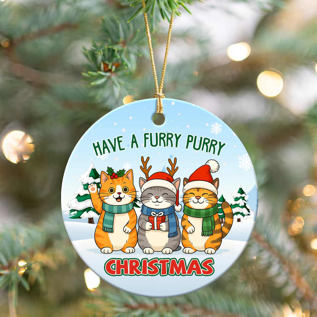 Cat Christmas Ornament, Furry Purry Three Cats Gift, Ceramic Hanging Tree Decoration