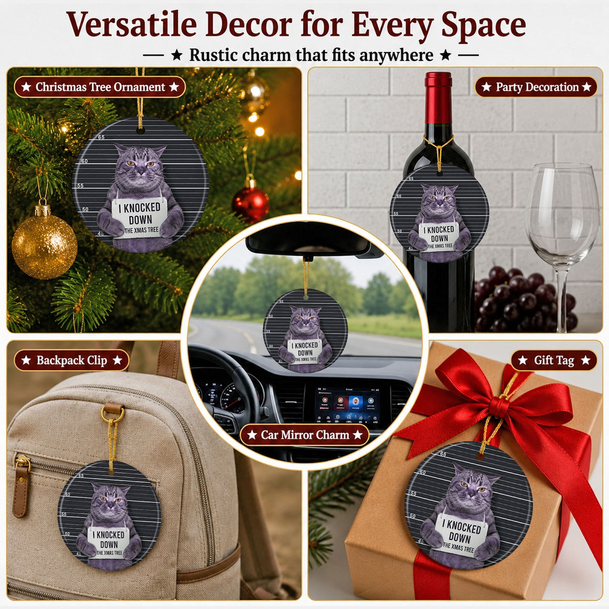 Funny Cat Christmas Ornament, Mugshot I Knocked Down The Tree, Ceramic Hanging Tree Decoration