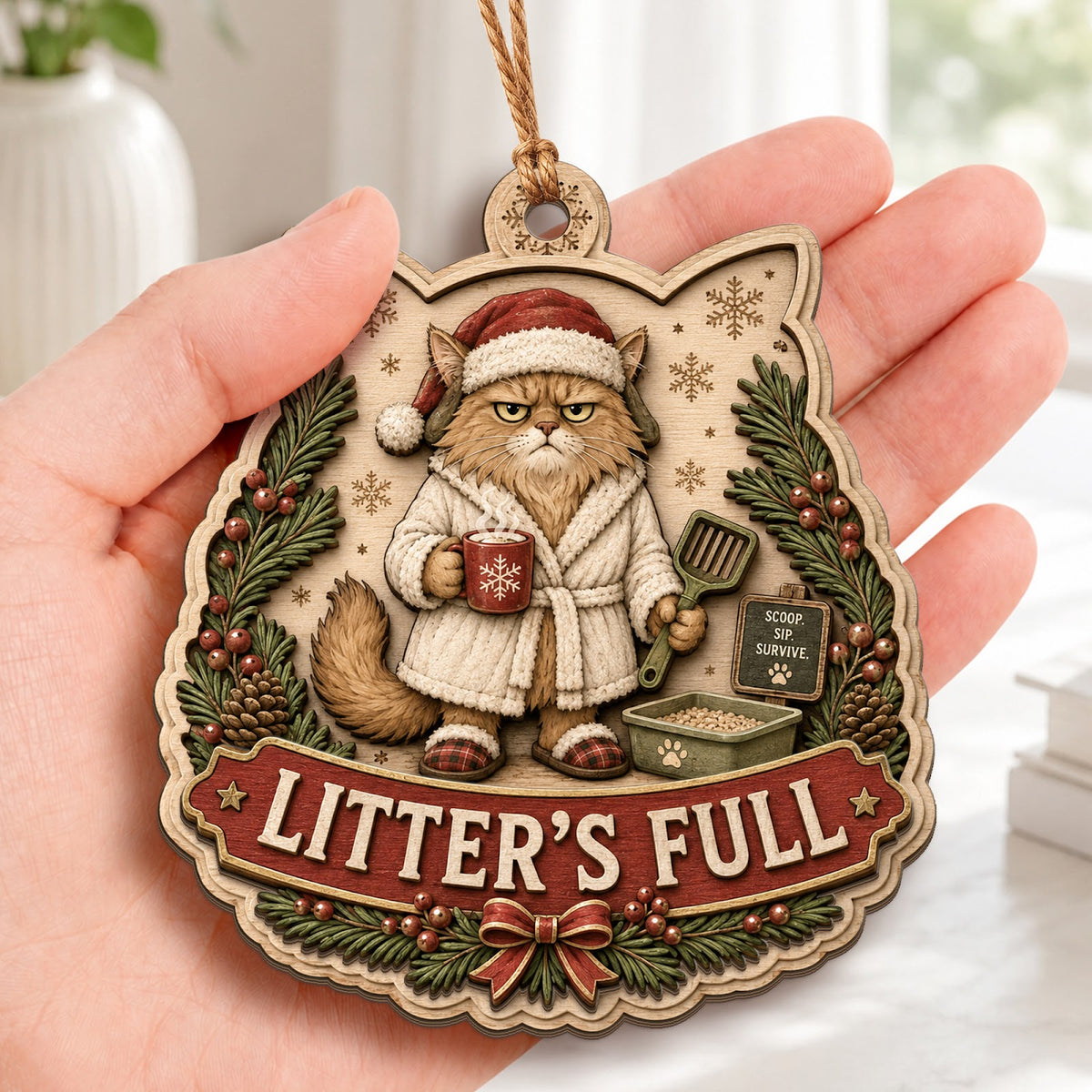 Cat Litter Christmas Ornament, Stocking Stuffer For Cat Mom, Wood Hanging Tree Decoration