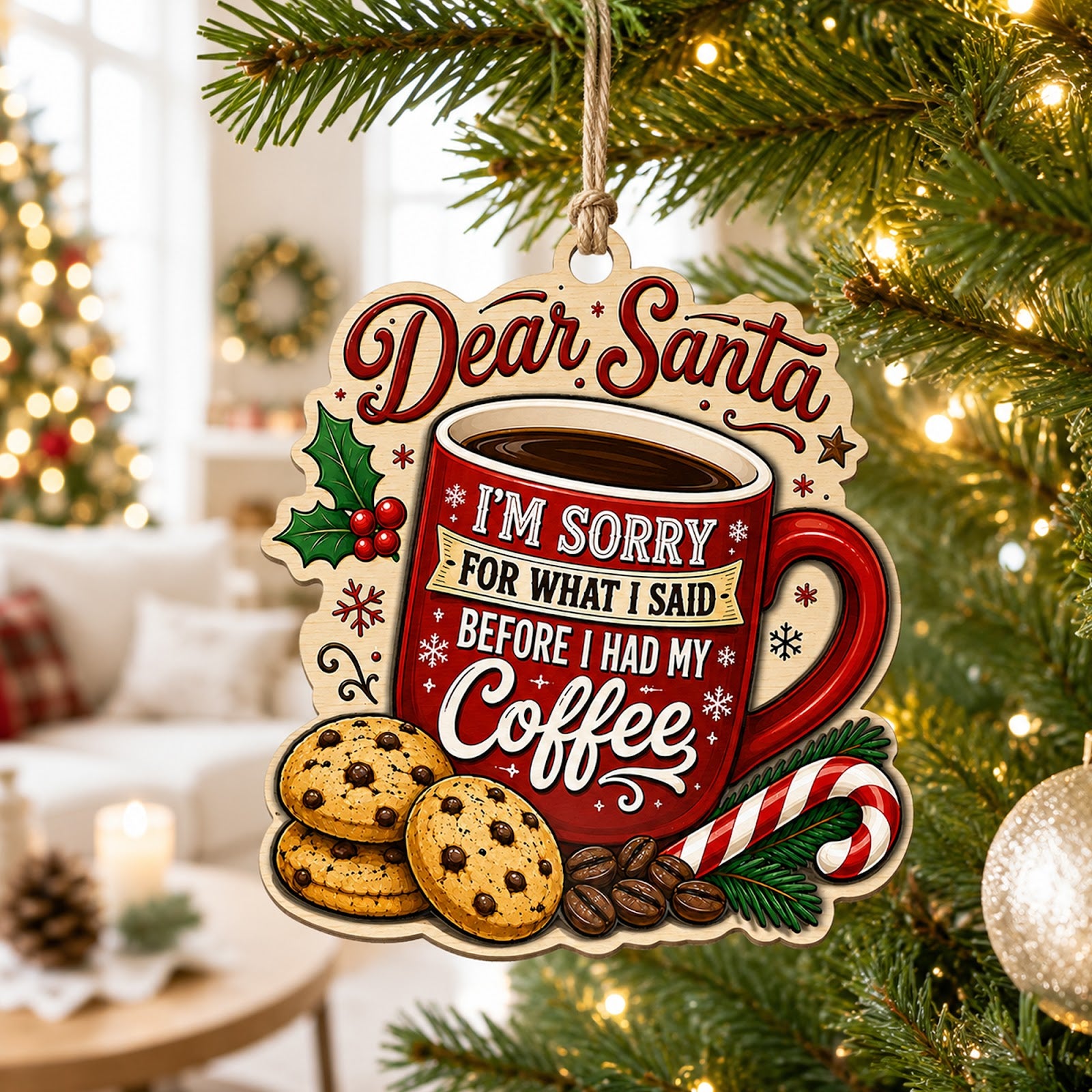 Dear Santa Coffee Wood Christmas Ornament