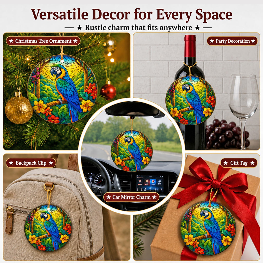 Parrot Christmas Ornament, Stained Glass Macaw Bird Gift, Ceramic Hanging Tree Decoration