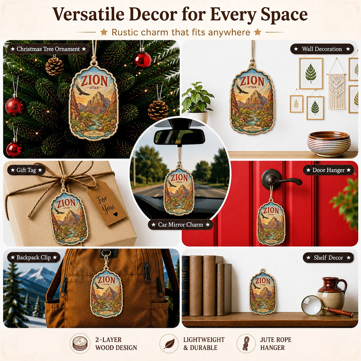 Zion National Park Christmas Ornament, Utah Canyon and Trail Hiker Gift, Wood Tree Decoration