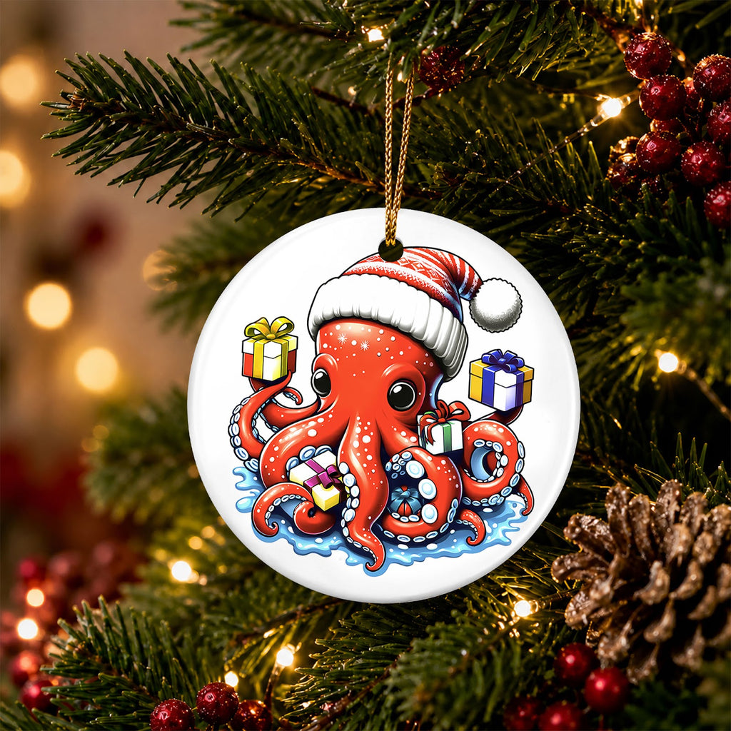 Octopus Christmas Ornament, Nautical Coastal Ocean Gift, Ceramic Hanging Tree Decoration