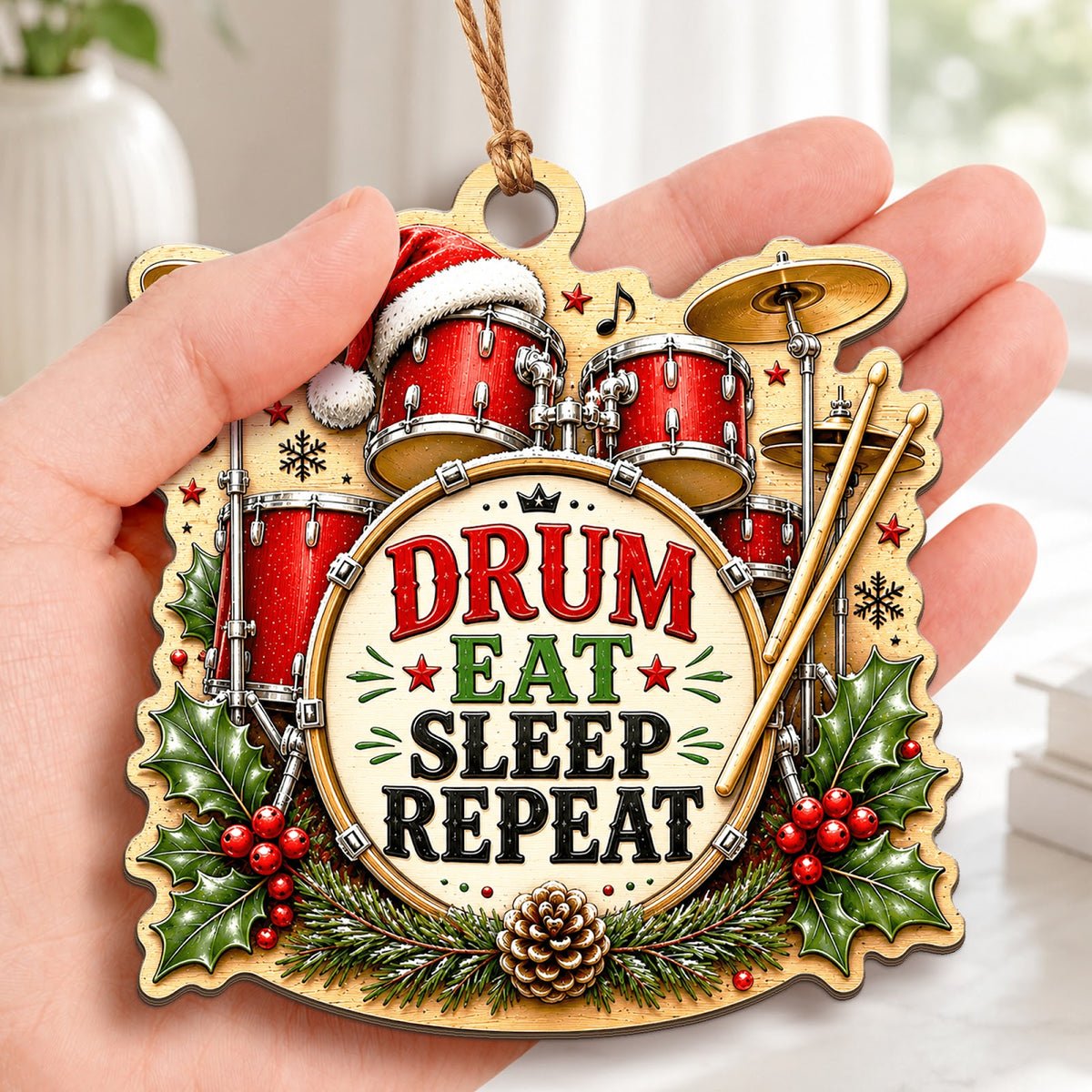 Drum Christmas Ornament, Stocking Stuffer For Percussionist, Wood Hanging Tree Decoration