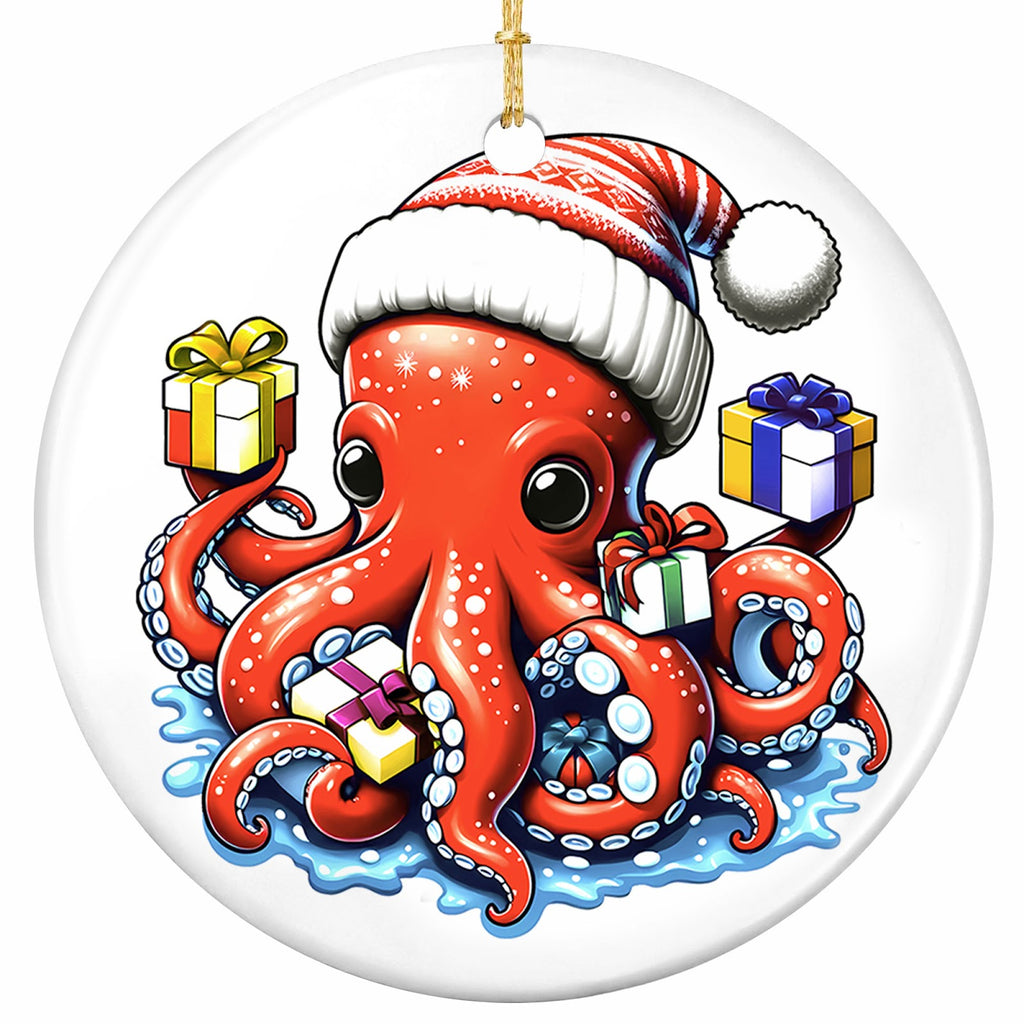 Red Octopus in a Knit Santa Hat Holding Five Wrapped Gifts in Its Curling Arms. Ceramic Coastal Keepsake.