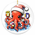 Red Octopus in a Knit Santa Hat Holding Five Wrapped Gifts in Its Curling Arms. Ceramic Coastal Keepsake.
