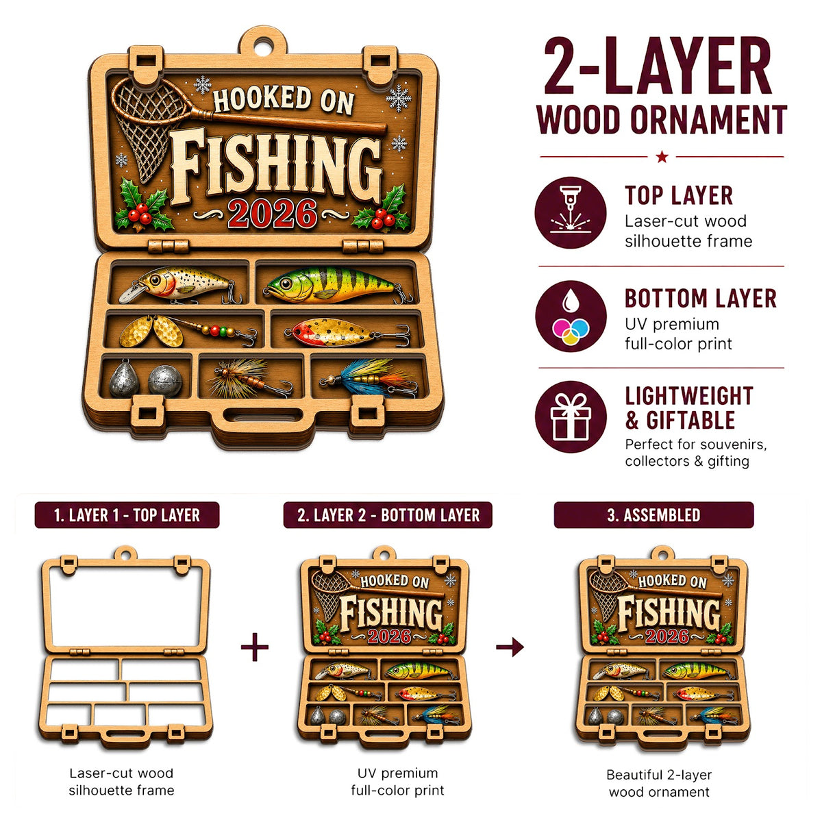 Hooked On Fishing Bass Angler Christmas Ornament, Stocking Stuffer For Fisherman, Wood Ornament