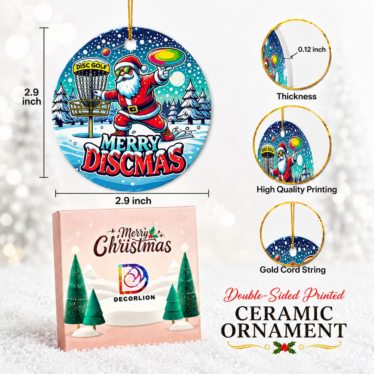 Disc Golf Christmas Ornament, Merry Discmas Santa Basket Gift, Ceramic Hanging Tree Decoration