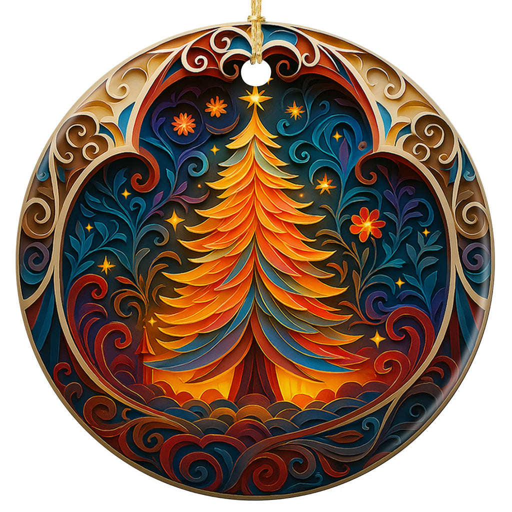 Layered Paper Cut Tree Glowing Orange and Gold Inside a Carved Folk Art Arch. Ceramic Keepsake.