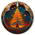 Layered Paper Cut Tree Glowing Orange and Gold Inside a Carved Folk Art Arch. Ceramic Keepsake.