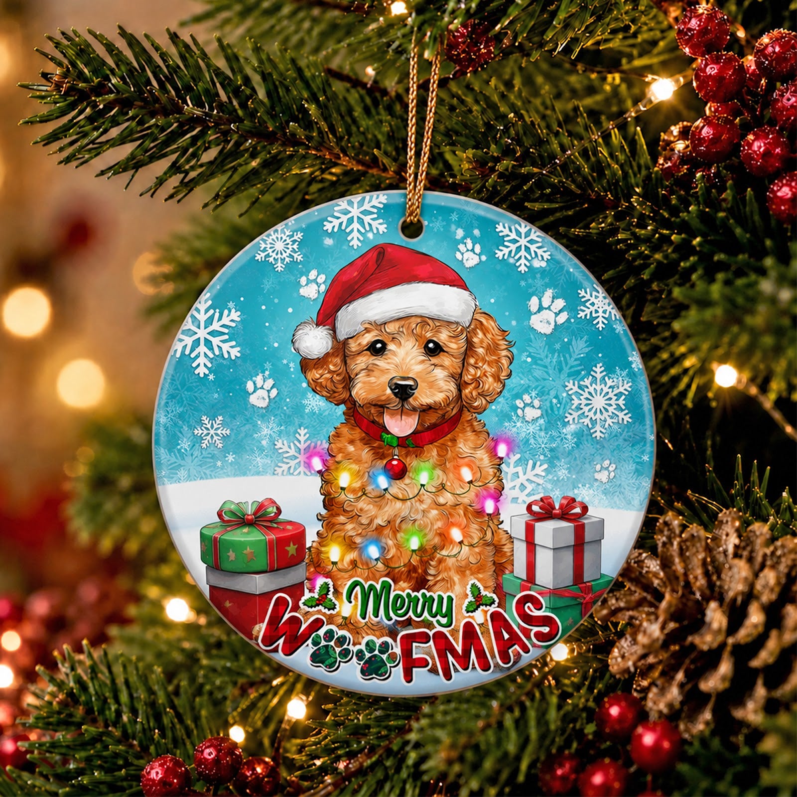 Poodle Christmas Ornament, Merry Woofmas Dog Lover Gift, Ceramic Hanging Tree Decoration