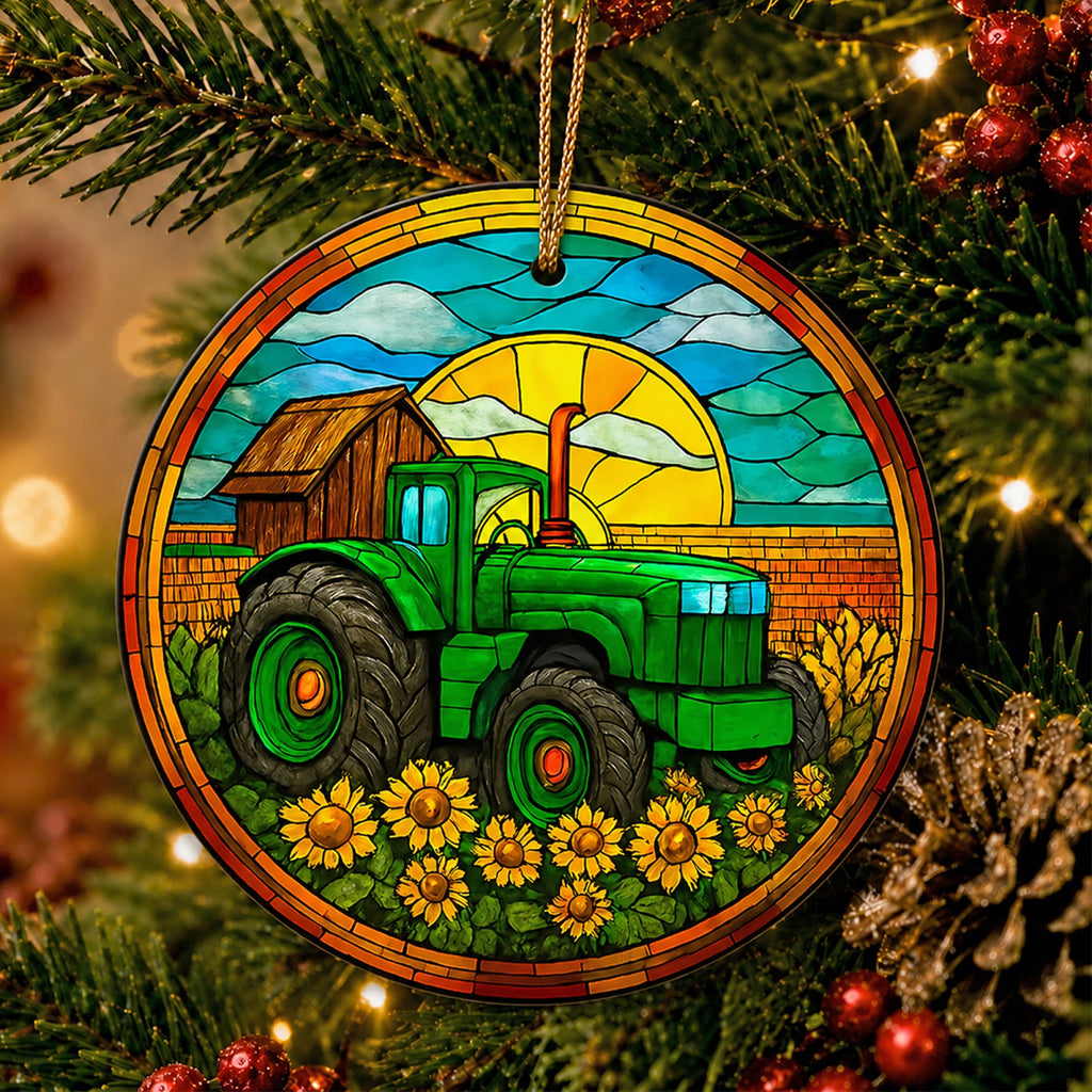 Tractor Christmas Ornament, Farm Barn Sunflower Farmer Gift, Ceramic Hanging Tree Decoration