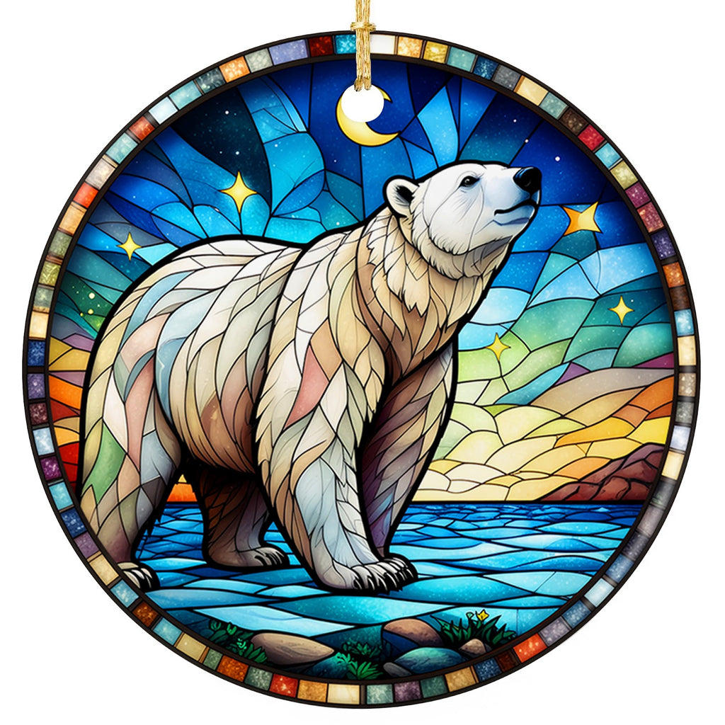 Mosaic Polar Bear on Ice Gazing at a Crescent Moon Under an Aurora Sky. Ceramic Keepsake for Nature Lovers.