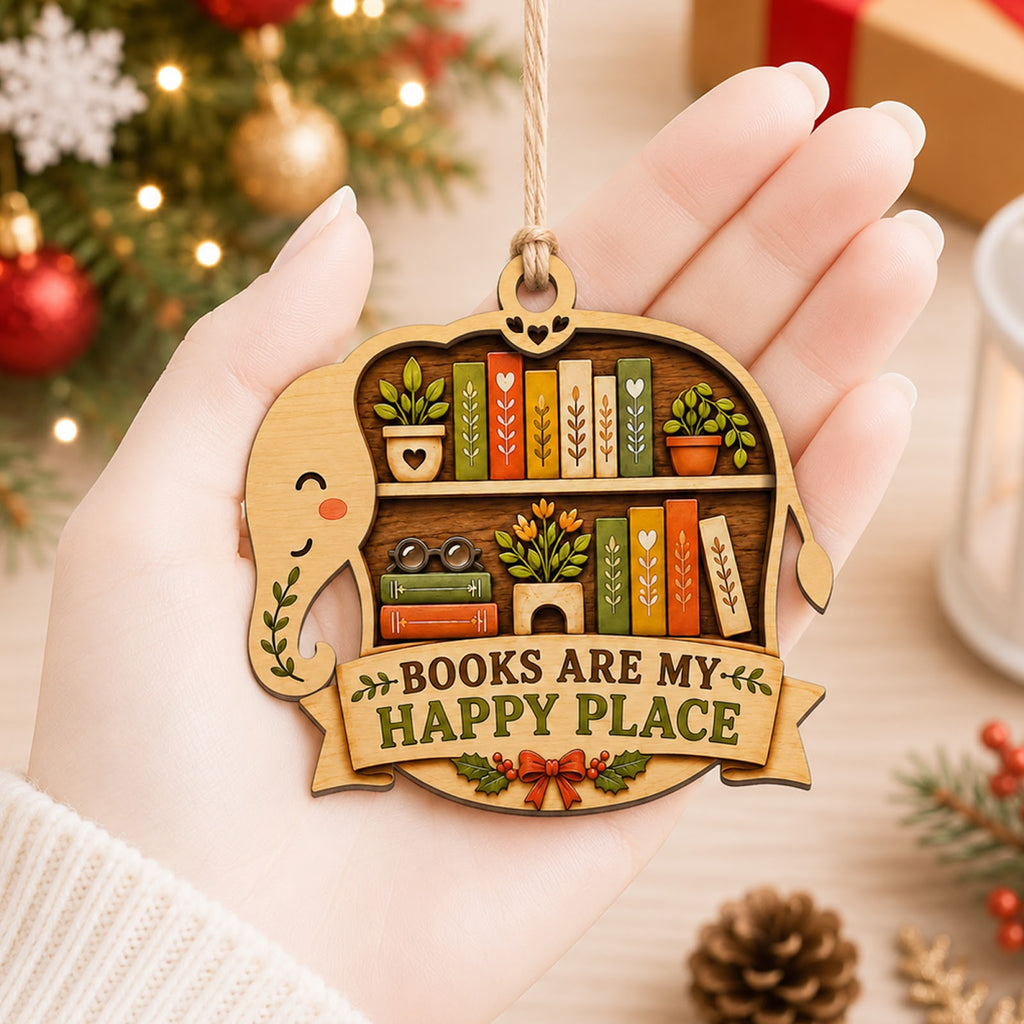 Elephant Book Reader Jungle Art Christmas Ornament, Elephant Reader Keepsake, Wood Ornament