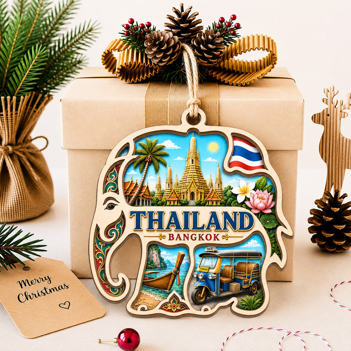 Dubai Christmas Ornament, UAE Gulf Skyline Travel Souvenir Gift, Wood Hanging Tree Decoration