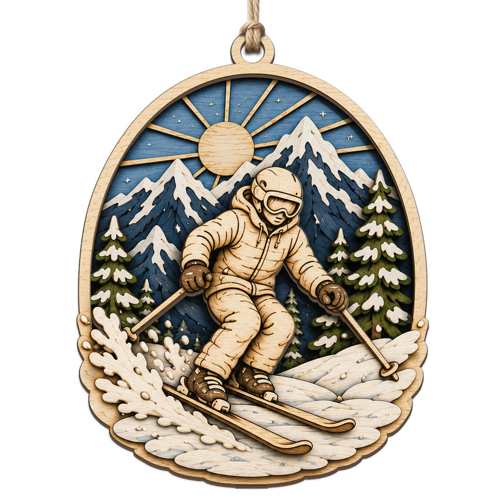 Oval Scene Engraves A Skier Planting Poles Beneath Sunlit Snowy Peaks. Great Gift For Skiers And Winter Sports Fans.