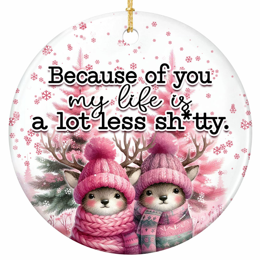 Two Baby Deer in Pink Beanies and Scarves Under a Fall of Pink Snowflakes. Cheeky Ceramic Keepsake for Besties.