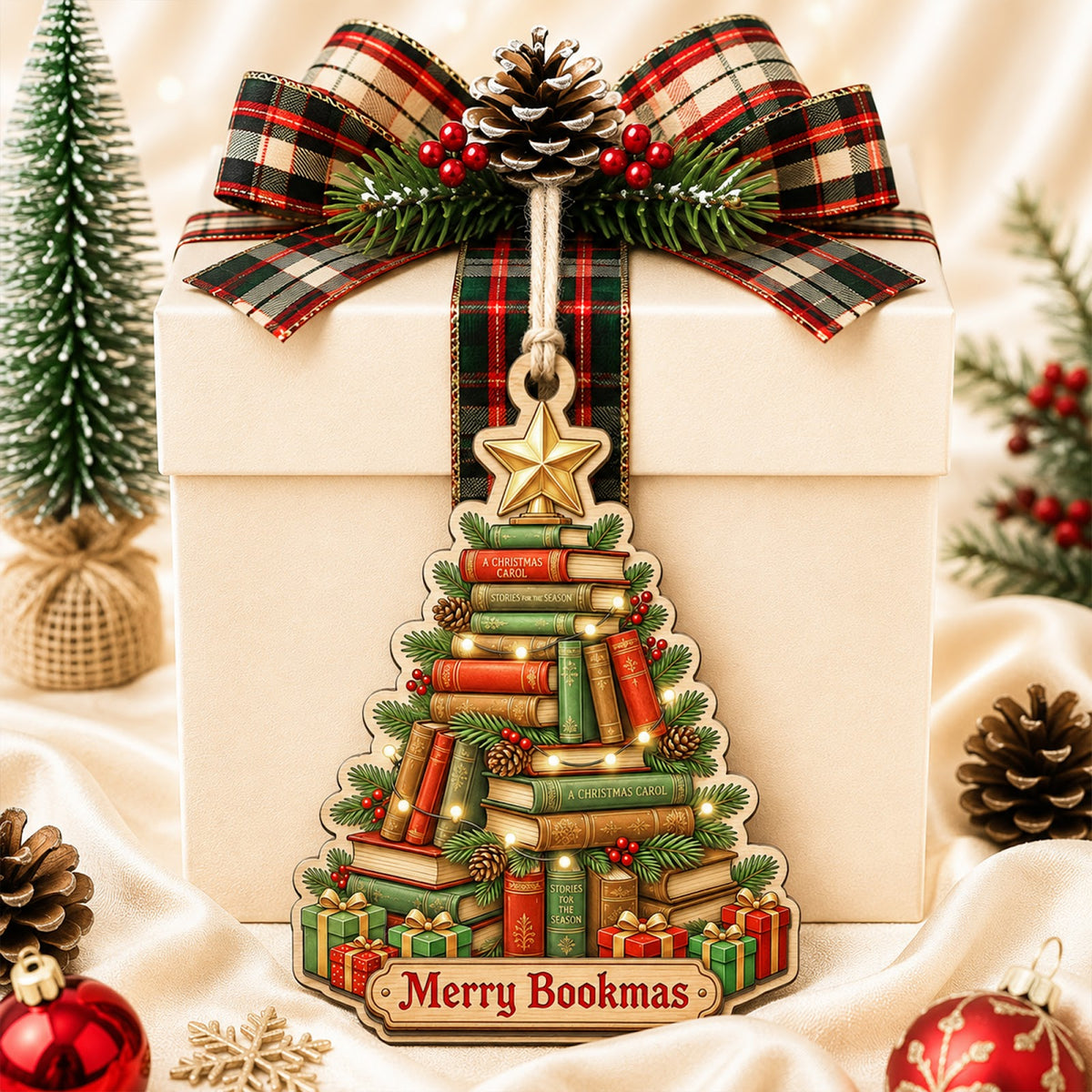 Book Tree Reader Library Lover Christmas Ornament, Reading Lover Keepsake, Wood Tree Decoration