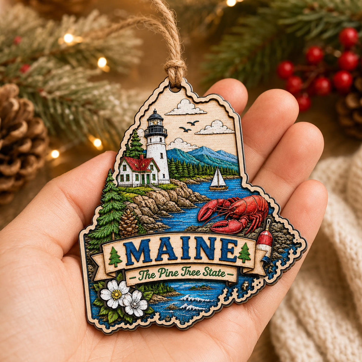 Maine Christmas Ornament, Lighthouse and Lobster Souvenir Gift, Wood Hanging Tree Decoration