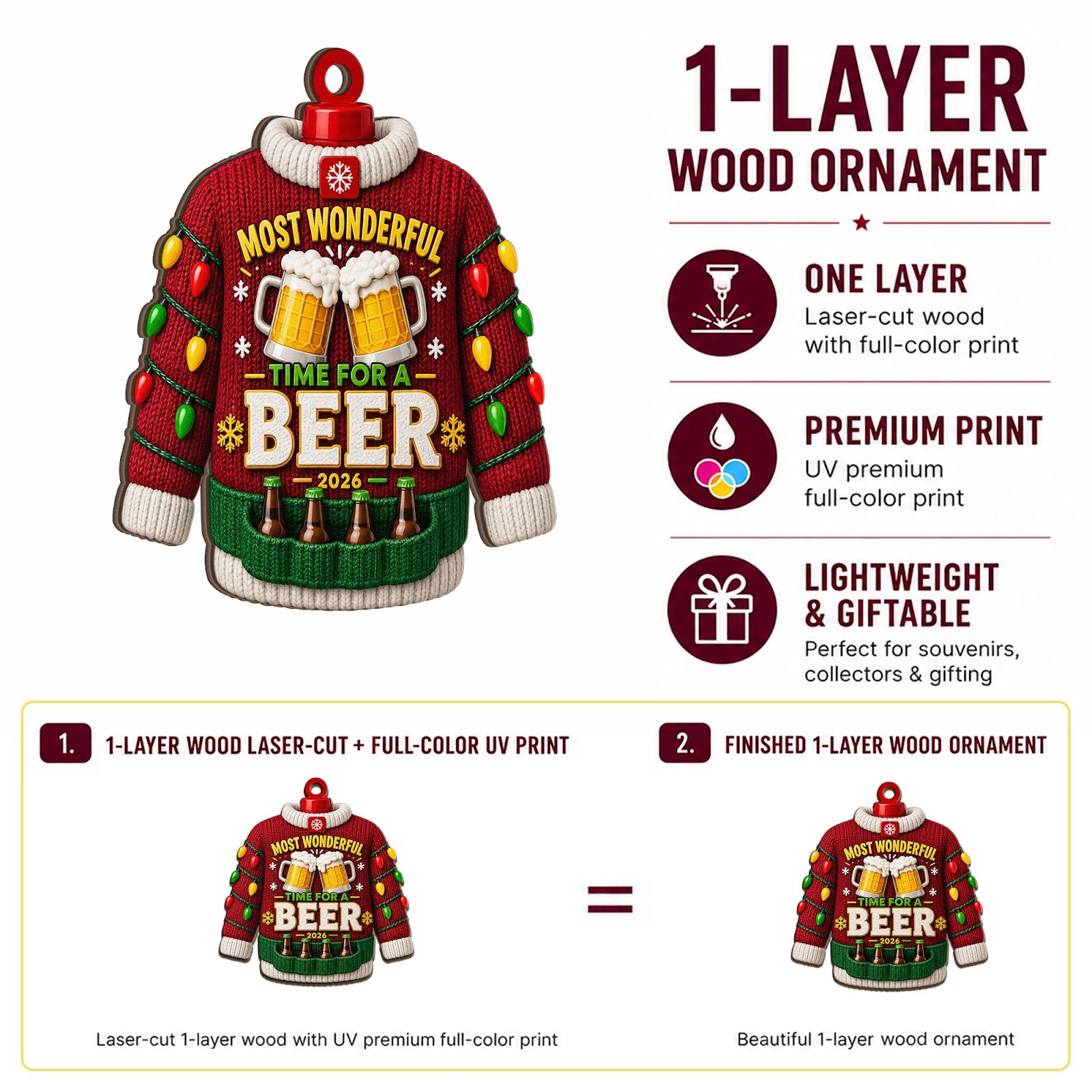 Beer Sweater Wood Christmas Ornament