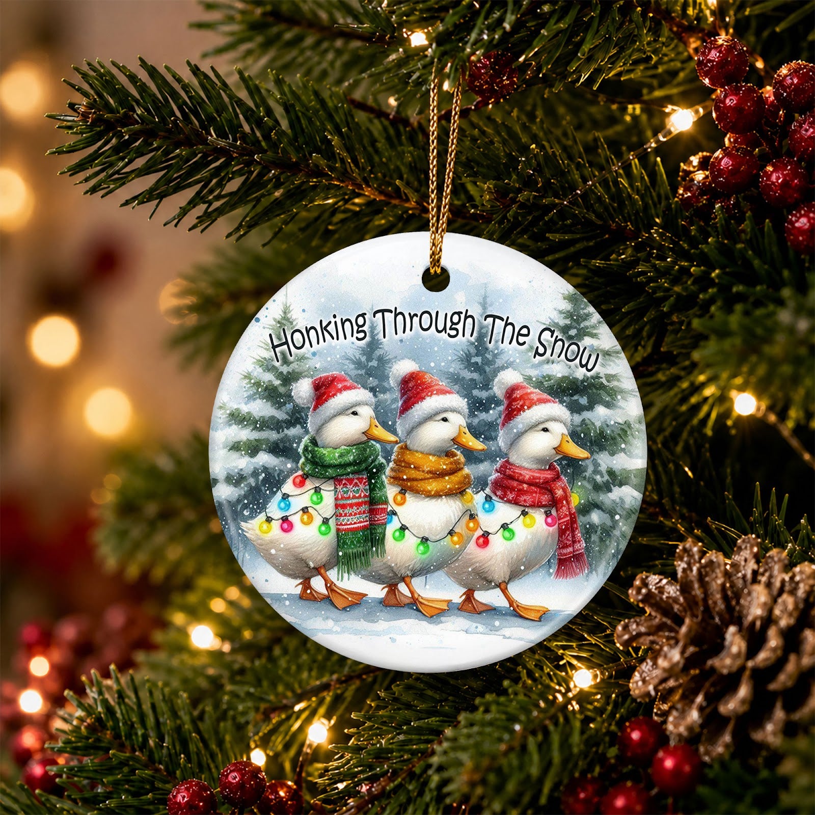 Duck Christmas Ornament, Honking Through The Snow Gift, Ceramic Hanging Tree Decoration