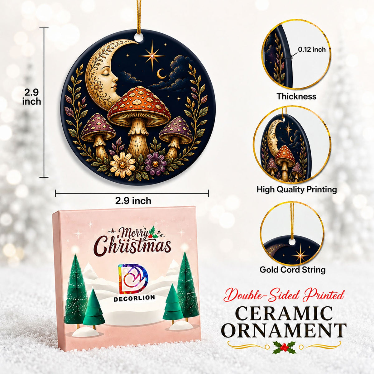 Mushroom and Moon Christmas Ornament, Cottagecore Woodland Gift, Ceramic Tree Decoration