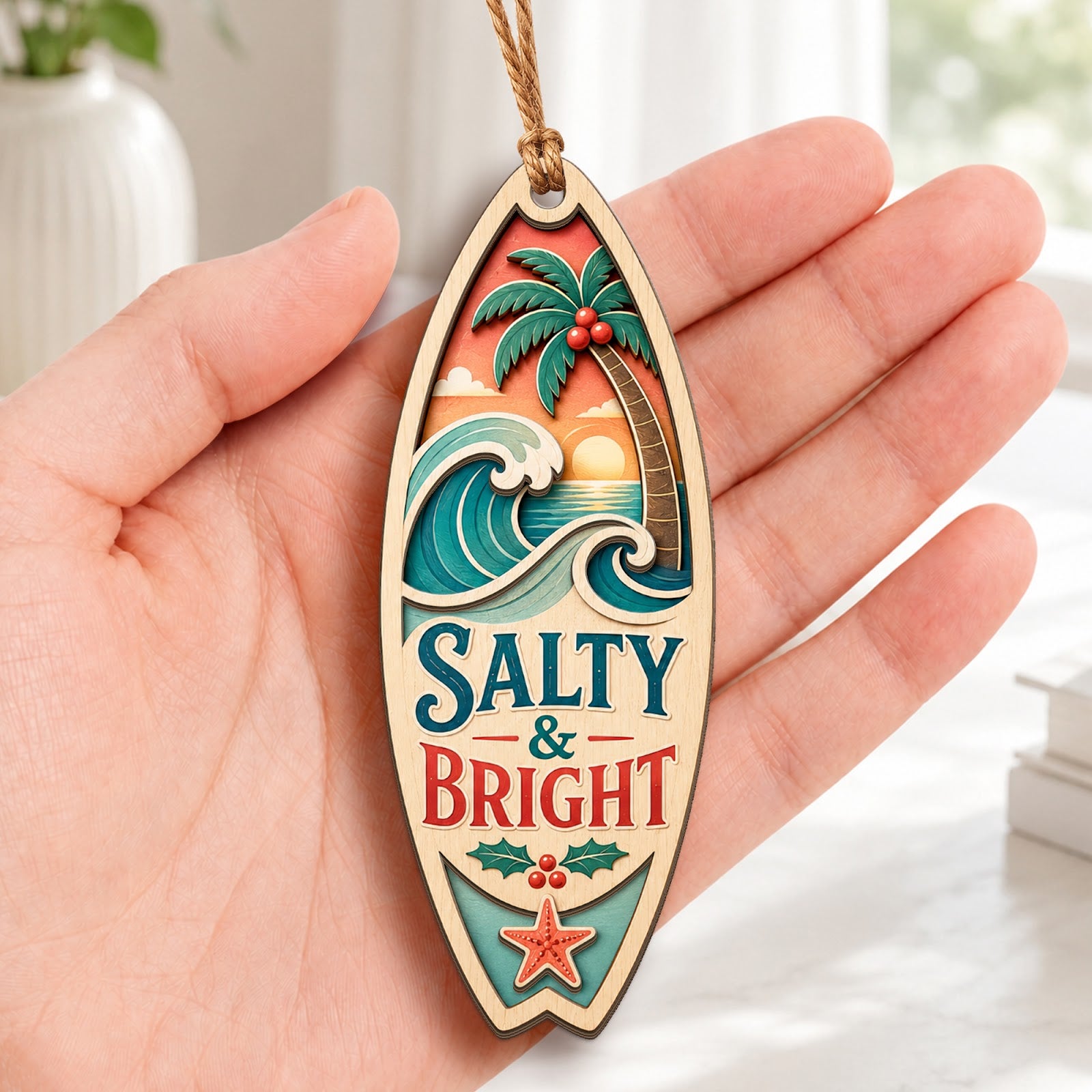 Surfboard Wood Christmas Ornament
