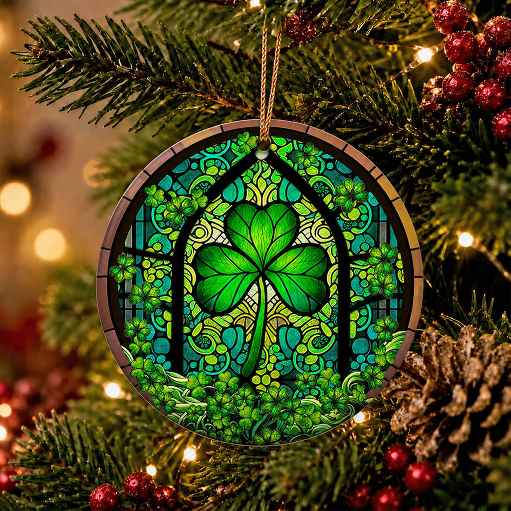 Shamrock Christmas Ornament, Stained Glass Irish Window Gift, Ceramic Hanging Tree Decoration