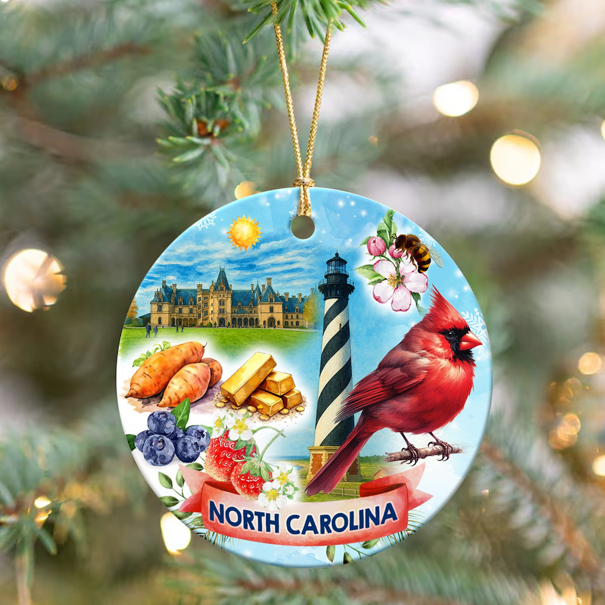 North Carolina Christmas Ornament, State Souvenir Keepsake Gift, Ceramic Tree Decoration