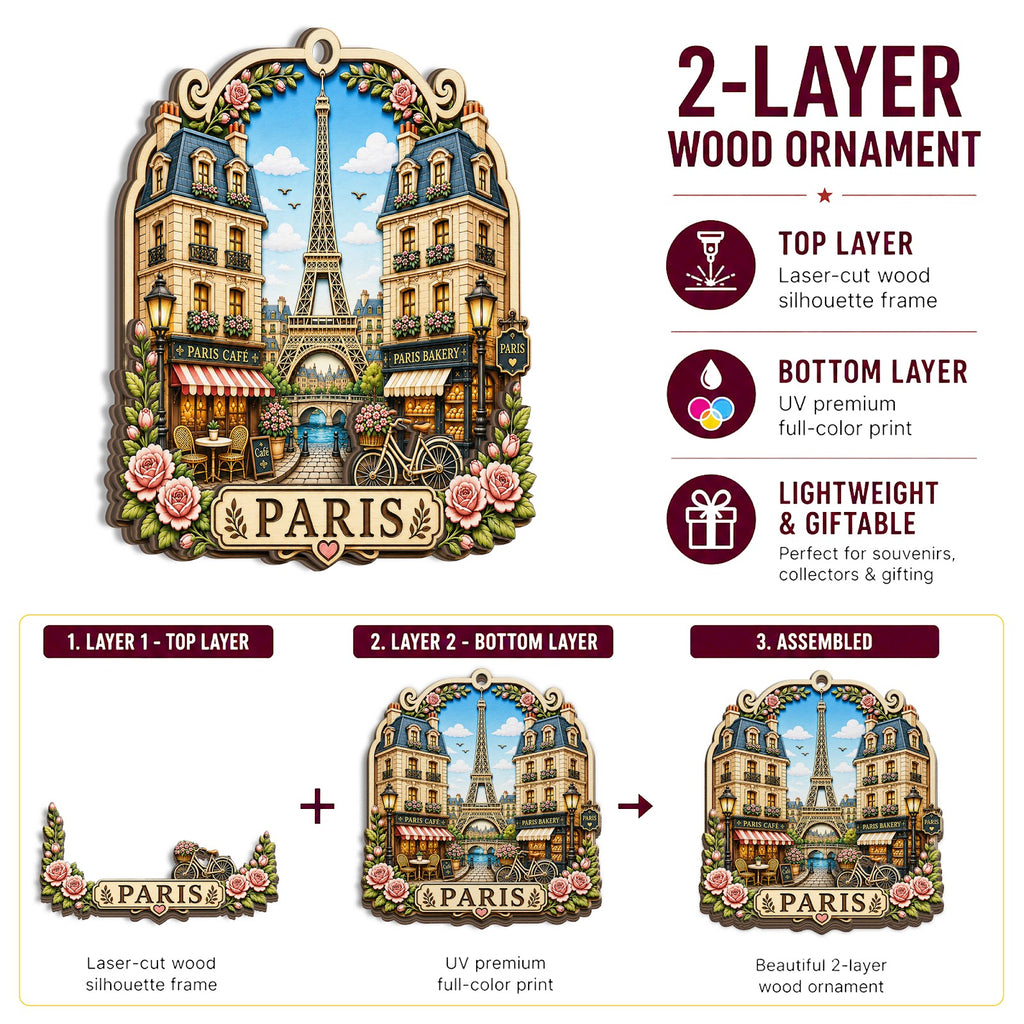 Paris Christmas Ornament, France Eiffel Tower Skyline Souvenir Gift, Wood Tree Decoration
