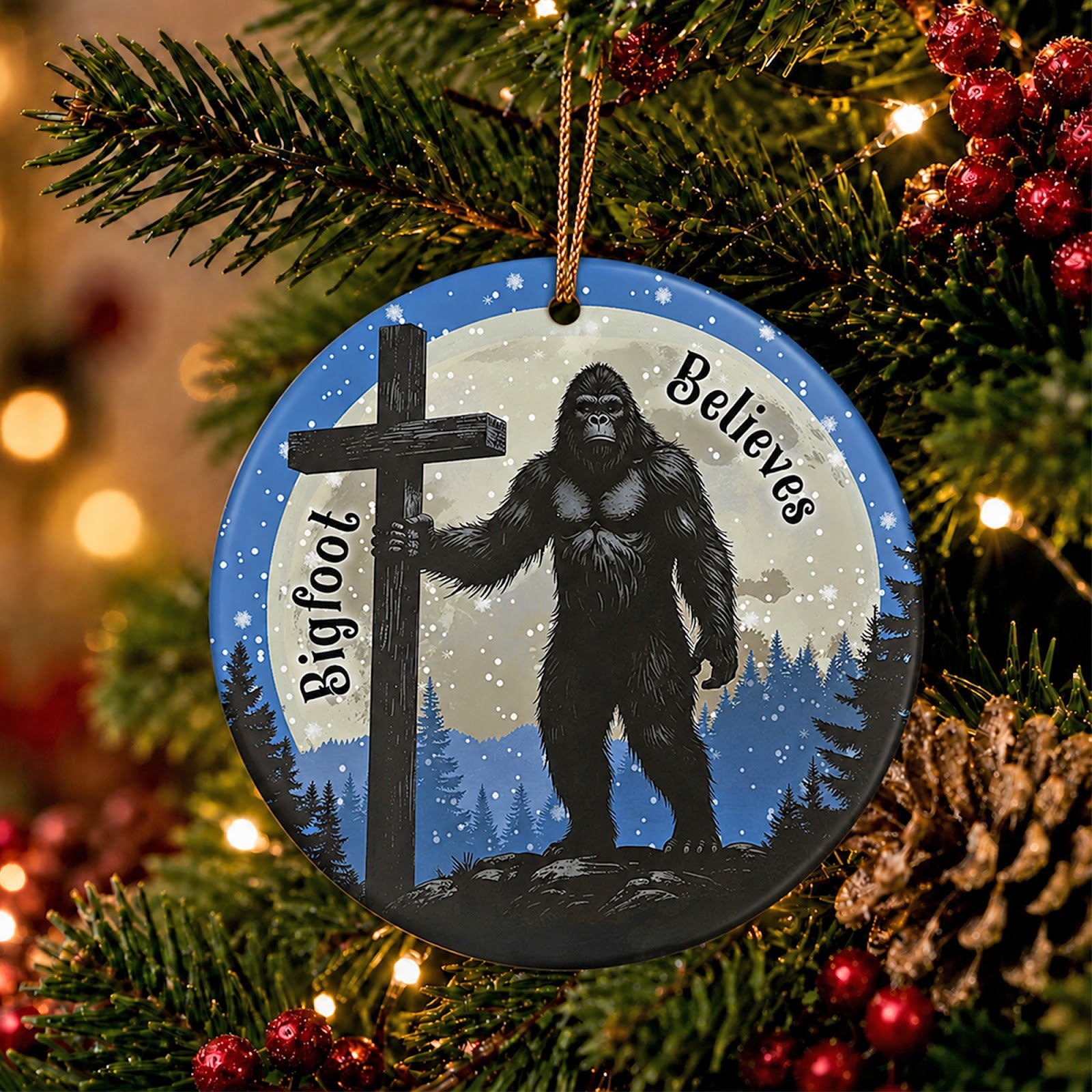Bigfoot Christmas Ornament, Faith Cross Moonlit Novelty Gift, Ceramic Hanging Tree Decoration