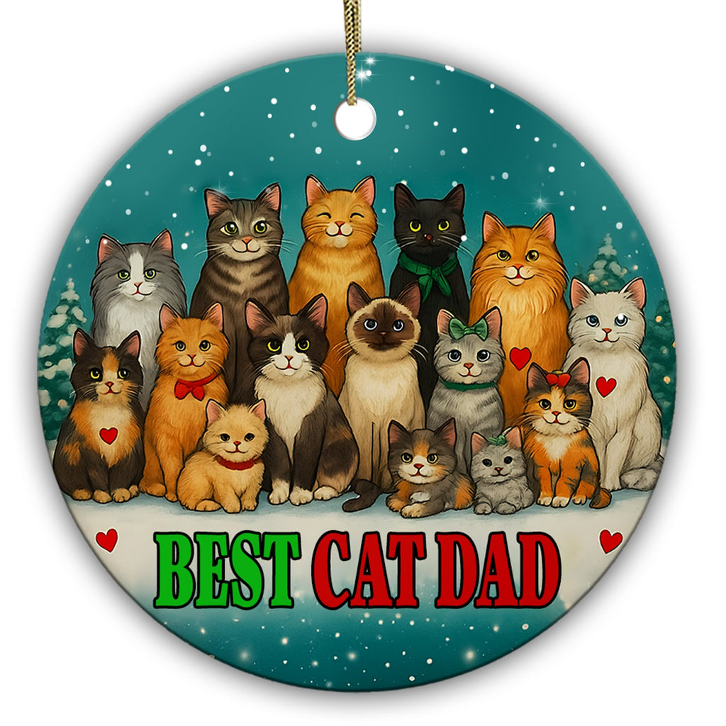 Fifteen Cats Tiered on Snow Under a Teal Night Sky With Floating Hearts. Ceramic Keepsake for Cat Dads.