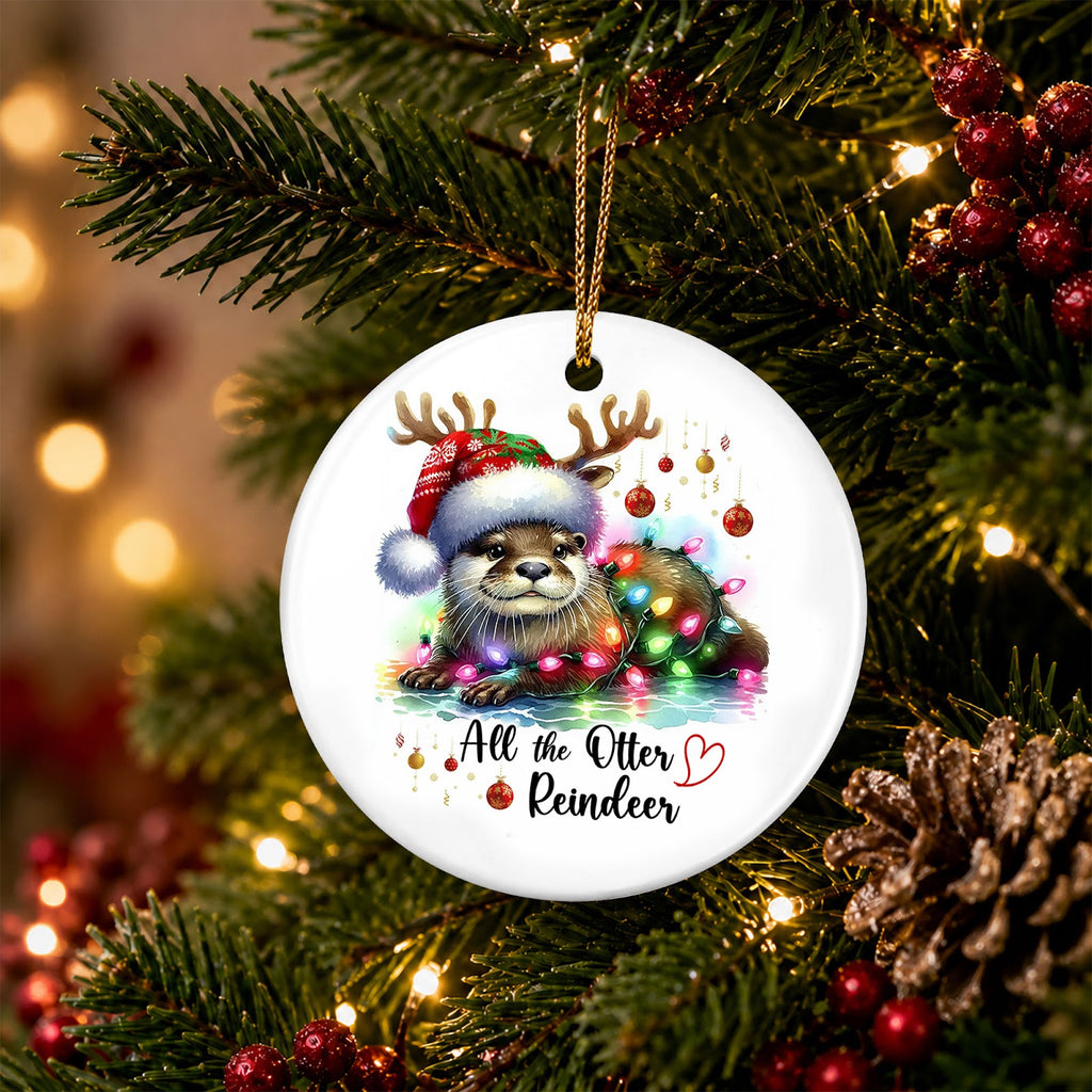 Otter Christmas Ornament, Funny Antler Otter Pun Gift, Ceramic Hanging Tree Decoration