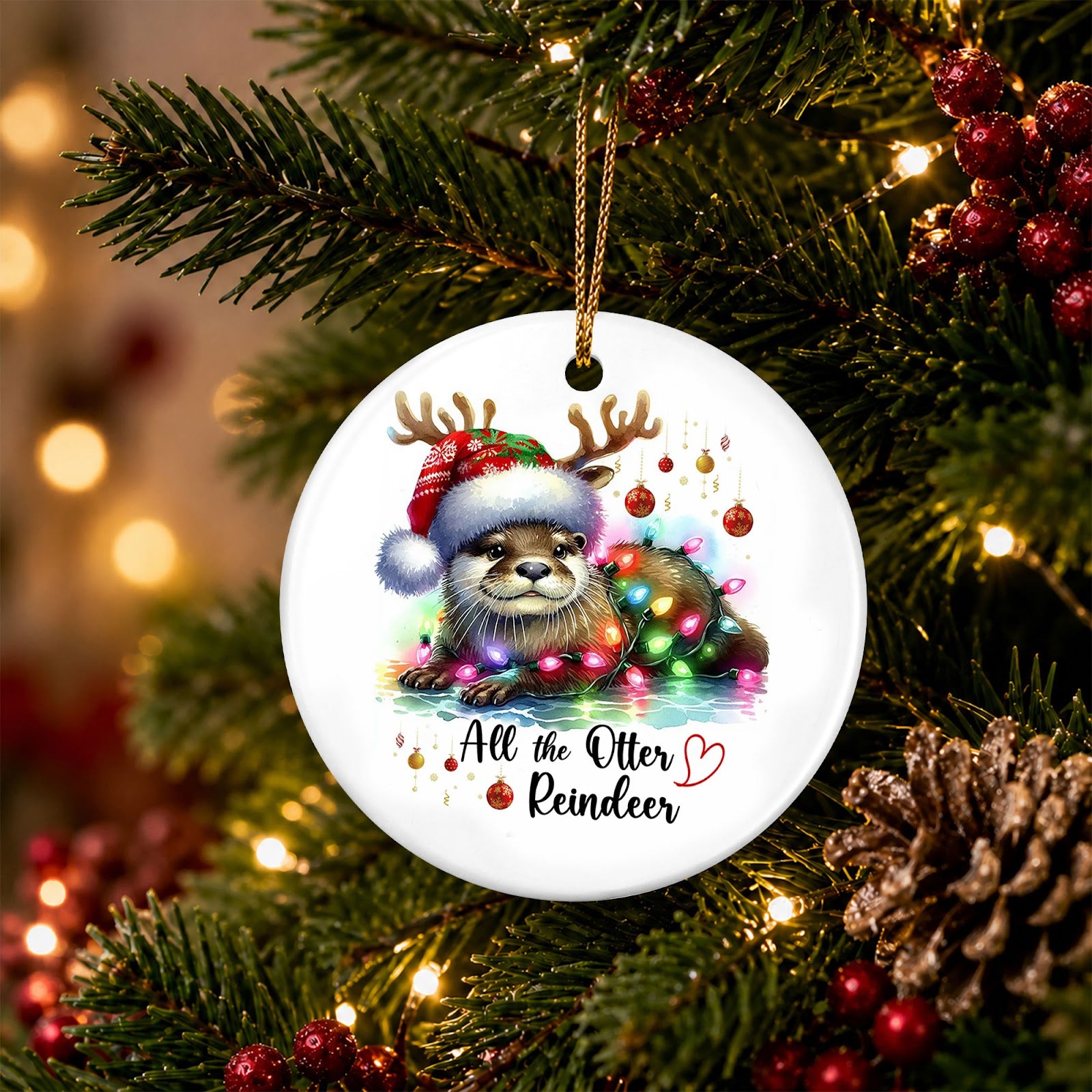 Otter Christmas Ornament, Funny Antler Otter Pun Gift, Ceramic Hanging Tree Decoration