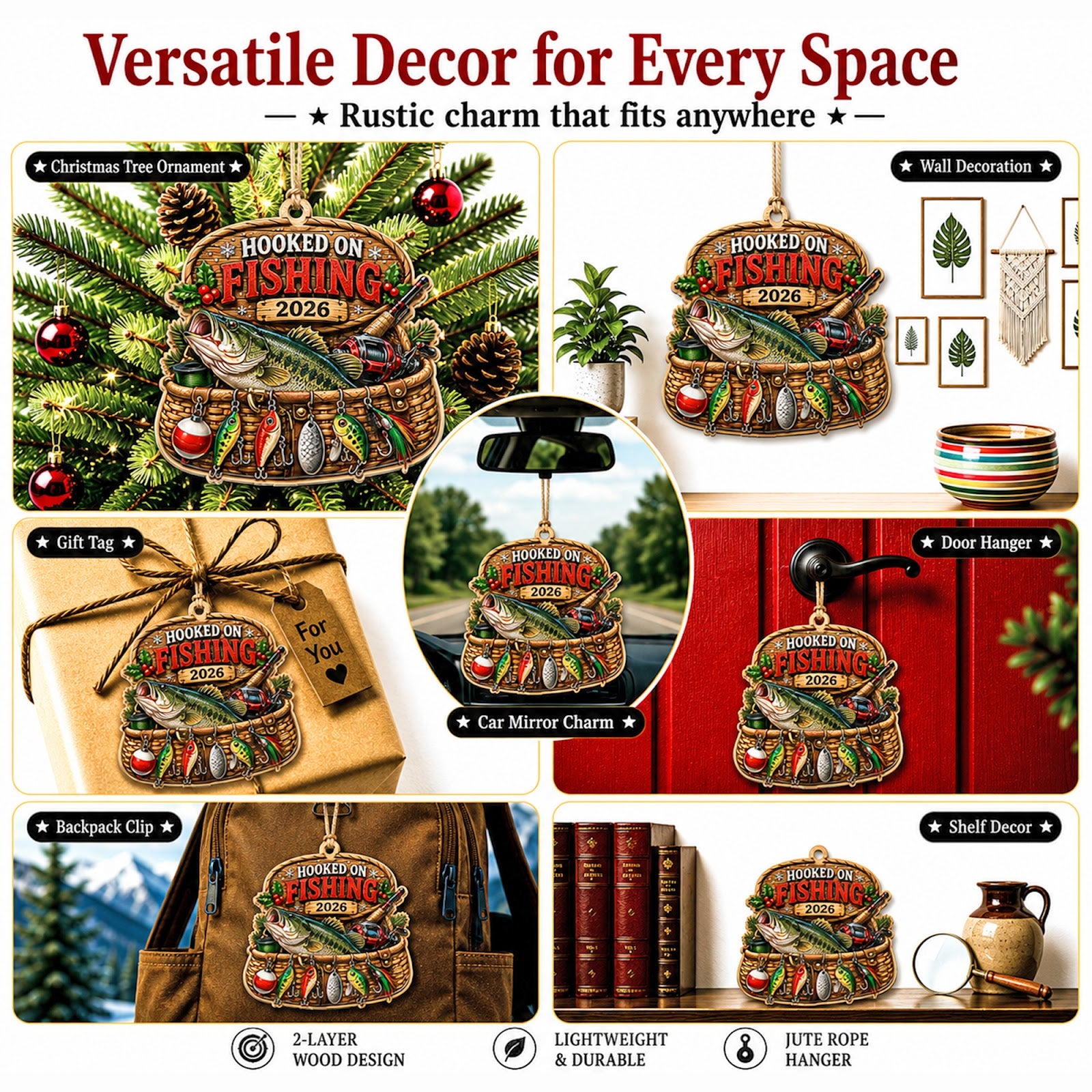 Fishing Basket Angler Tackle Christmas Ornament, Creel Basket Keepsake, Wood Tree Decoration