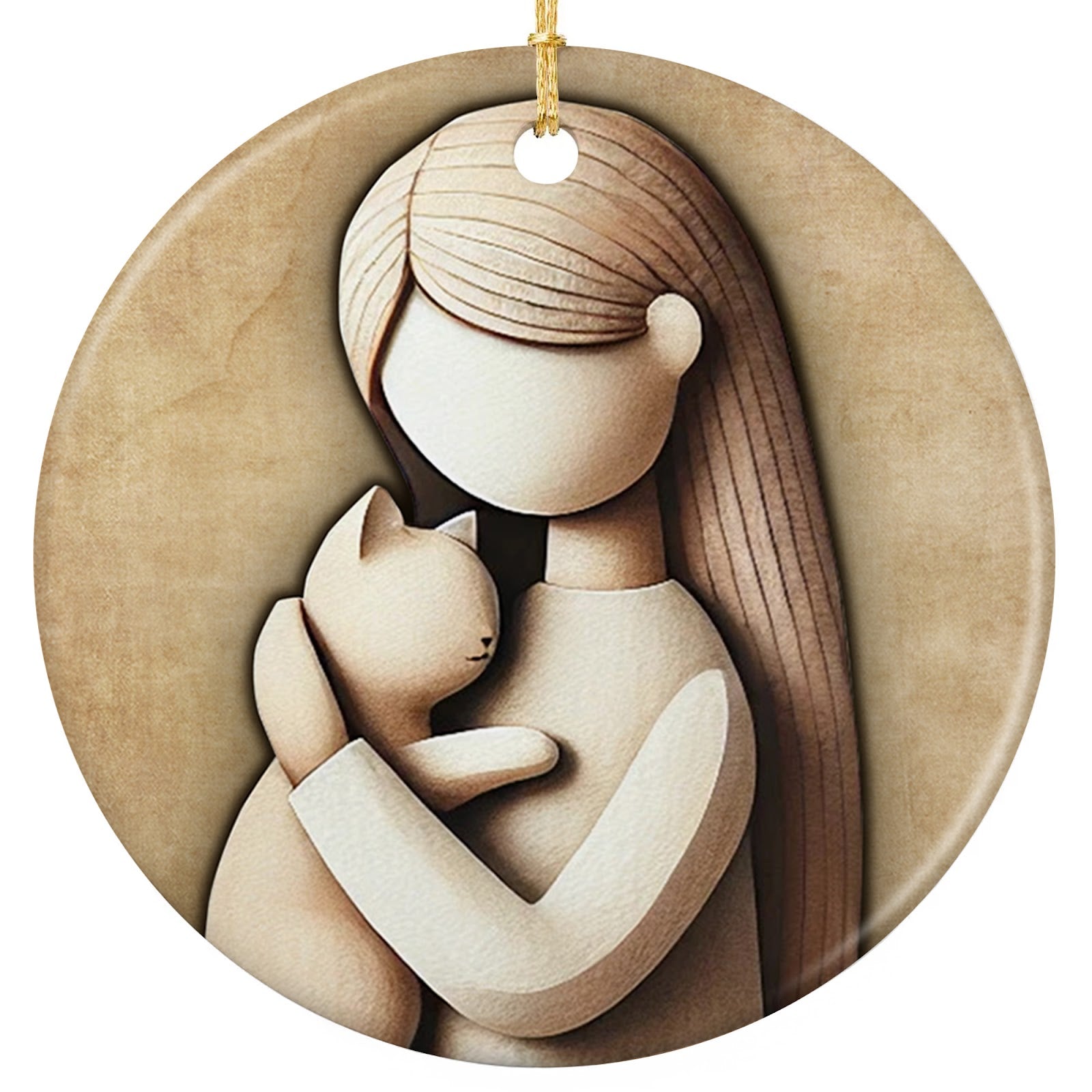 Faceless carved-look Style Girl With Long Hair Holding a Cream Cat to Her Chest. Ceramic Keepsake.