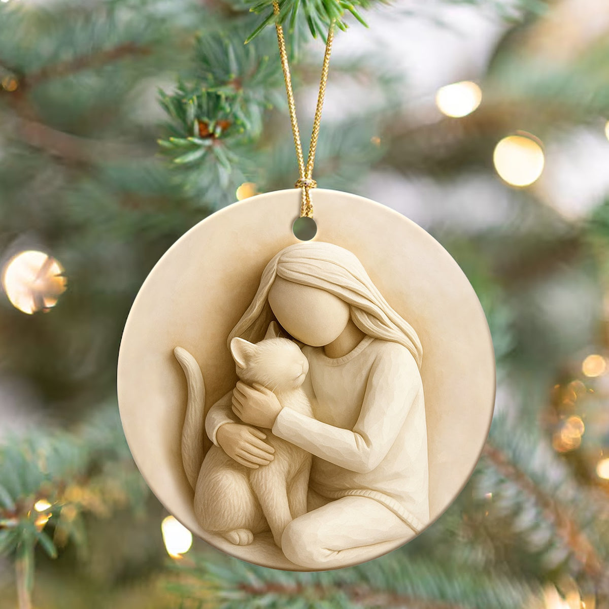 Cat Christmas Ornament, Sculpted Woman Hugging Cat Gift, Ceramic Hanging Tree Decoration